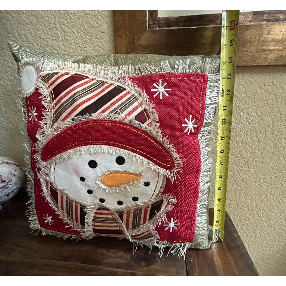 Christmas Snowman Throw Pillow 16x16 Rustic Applique Embroidered Holiday Decor